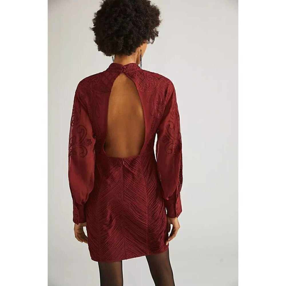 Anthropologie Lace Mini Long Sleeve Dress Wine Red NWT 12 Romantic - Picture 9 of 10